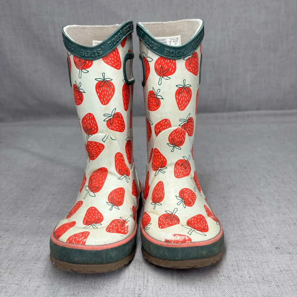 Bogs Kids Strawberry Rain Boots White Red Green Waterproof Pull On Size 8
